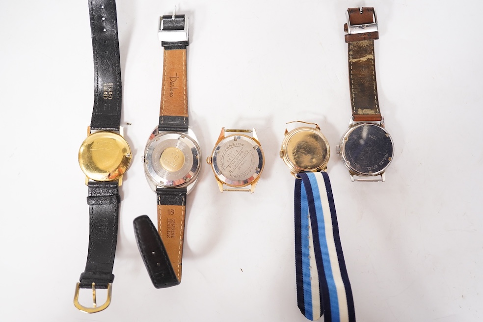 A gentleman's 1940's 9ct gold manual wind wrist watch(a.f.), together with four other wrist watches including Seiko, gold plated Girard Perregaux and Baume & Mercier Baumatic. Condition - poor to fair